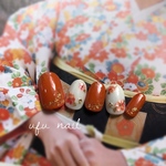 赤橙色のシェルフラワーネイル♡和装／前撮り／成人式