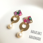 カラフルさざれ石  グリーンパープルピアス