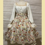 1点物*和柄 長袖シャーリングワンピース★桜×鈴 生成×レース(即納品)