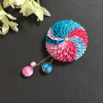 《青緑色&赤紫》バイカラーのお花と巻玉の髪飾り★つまみ細工☆着物☆浴衣☆七五三☆成人式☆卒業式