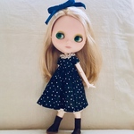 ドール用 半袖 ドット柄ワンピース＋ペチパンツの２点セット （ネイビー）※リボン別売りです