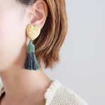  【noel.27GN】フランス製タッセル×USA ハート真鍮イヤリング/ピアス