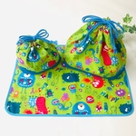 園児用給食3点セット カワイイモンスター黄緑柄×青 ランチョンマット コップ袋 お弁当袋