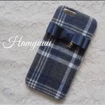 チェック柄 ネイビーリボン イニシャル付  iPhoneXSケース