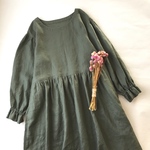 フレンチリネンのふんわりギャザーワンピース（オリーブ）◇SALE