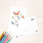 絵本のような ポストカード, "橙色の小鳥と花" (2枚セット), PC-A653