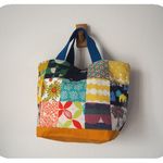 ♪北欧風四角パッチ　横長トートBAG　Sサイズ　　♪　　花　鳥　帆布