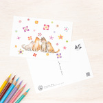 4枚セット。絵本のような。ポストカード "犬の家族と花ふる日" PC-313