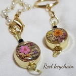 英字＆押し花リールキー(キーホルダー)(パスケースリール)