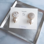 ダルメシアン柄×グレー 12mmコットンパール  ラウンドピアス/イヤリング