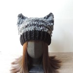 ふわふわモヘアのねこニット帽＊ブラック＆グレー＊