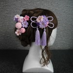  桜ブーケに組紐リボンのヘアクリップ 玉かんざし＆桜Uピン　【桜ピンク・藤紫】　 ☆つまみ細工☆七五三☆髪飾り ☆卒業式☆着物☆和装 