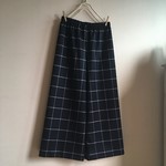 SALE チェックウールストレッチ濃紺で作ったワイドパンツ