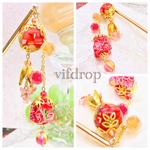 友禅和紙【銀箔入り 赤薔薇柄】紙風船&大玉キャンディ・天然石ローズクォーツの秋色簪