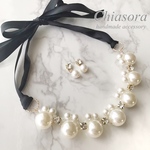 【セット】ボリュームパール×リボン ネックレス＆イヤリング/ピアス〜結婚式･お呼ばれ･花嫁･パール･小枝