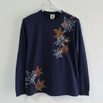 手描き舞紅葉柄袖リブロングTシャツ ネイビー 長袖 秋冬 紺色