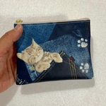  感謝セール品❤️ブルーデニムねこ柄😻便利ラミネート ミニポーチ