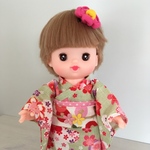 【送料無料】メルちゃん　ネネちゃん用　着物　浴衣　帯、髪飾りセット（黄緑桜）