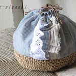 jamho・・・様ご注文品まん丸*麻ひも かごバッグ巾着*さわやかストライプ＆レース　 