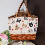 巾着口バッグ～ねこ×バスケット柄～