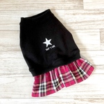 再販 オーダー可能 犬服 星柄プリント チェックスカートワンピース