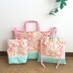 レッスンバッグ3点セット＊ジュエルフラワー＊パステルグリーン