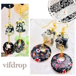 【モノトーン 枡草花柄】紙風船と【ブラック】ミッレフィオーリガラスのピアス 