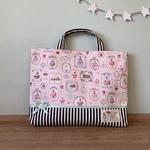 【ピンク】スイーツ×ネイビーストライプのおおきめレッスンバッグ　35×45 入園入学
