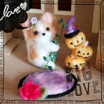 rira^^ 羊毛フェルト　ハロウィン　パピヨンとお化けかぼちゃのセット　置物