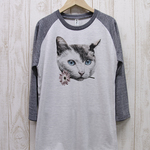ronronCAT Tee ラグラン七分袖　Here you go（ヘザーホワイト×ヘザーブラック） / RPT032