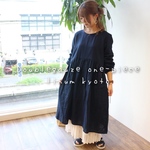 『秋冬SALE』【M〜L】ゆるふわダブルガーゼで魅せる、ウエスト切り替えギャザーワンピース（ナイトネイビー）