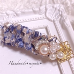  秋冬  ブルー ツイード パール バレッタ