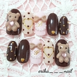 ブラウン×ピンクドットくまネイルチップ