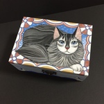手描き 雪猫の木箱 小物入れ 原画 手書き 猫 北欧 絵 絵画 イラスト アート ゴールド