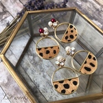 2way ダルメシアン×ビジューピアス/イヤリング ボルドー、ホワイト