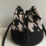 コットンニットバケツ巾着ショルダー 千鳥格子