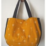 北欧風パッチ　はまぐり横長BAG   綿麻　ワタゲ　わたげ　マスタード×　墨黒リネン♪　