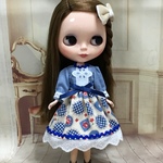 SALEワンピース   モチーフ花柄 ブルー系  ( ブライス、リカちゃん)