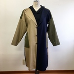 男女兼用❤️モザイクみたいなバイカラーコットンロングジャケット カーキ紺（男女フリー メンズ L、レディース L L）