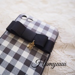 ギンガムチェック柄 イニシャル付ブラックリボン iPhone7/8 ケース