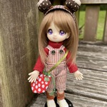 秋冬の新色☆　オビツ11サイズ アンティークレッド ピンストライプ オーバーオール&ロンT セット
