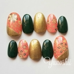 和モダン柄ネイル 朱×抹茶