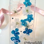アジサイとラークスパーの押し花スマホ☆iPhone５，５Ｓ用