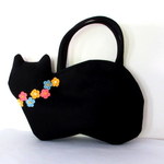 お花モチーフ ウールの黒猫バッグA