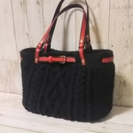 おとなのアラン模様のニットバッグ☆黒ブラック☆レッド赤ベルト