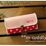 ハンドメイド 長財布　ピンク合皮＆ねこの顔 