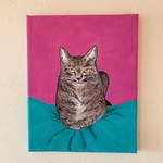 【送料無料】キジトラ猫とピンク グリーンの毛布がお気に入り キャンバス絵画(原画)
