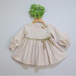 ふっくら袖のシックなギャザーワンピース　コーデュロイ　ホワイトベージュ　90