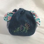 きゅっとぷち袋  ボタニカル刺繍×デニム【Mサイズ】