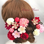 ❁ つまみ細工 小花 ＆マム 振袖 髪飾り  アイボリー×ピンク×レッド